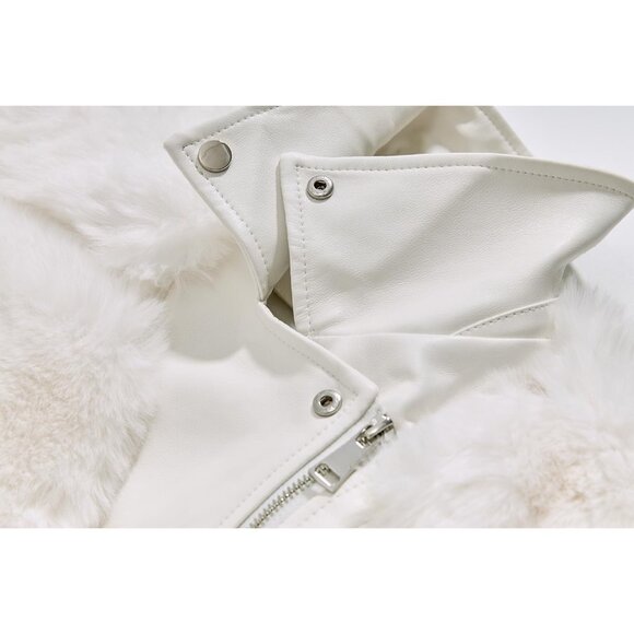 Women's Moto Style Cropped Faux Fur Leather Belted Biker Coat Zip Up White - Picture 8 of 9